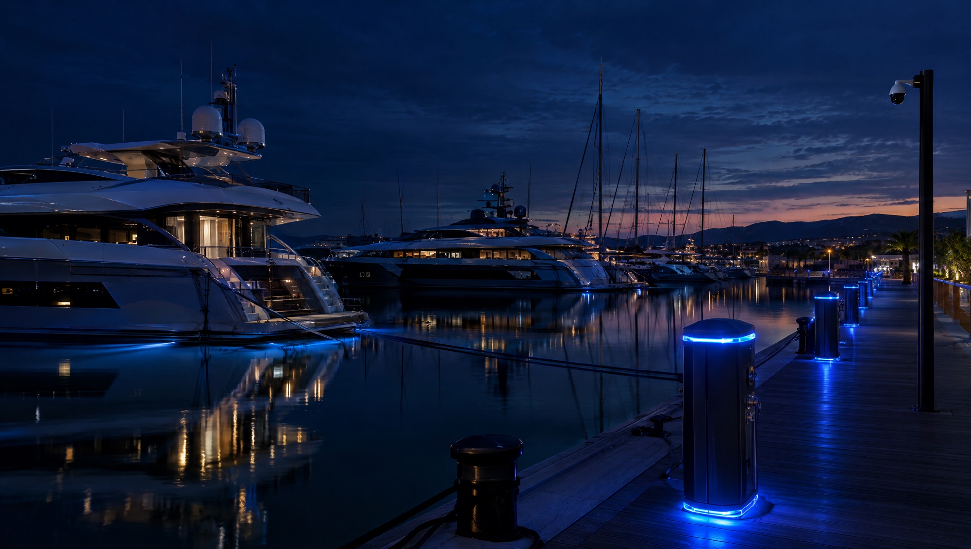 Gece ışıklı pedestallarla güvenli bir marina