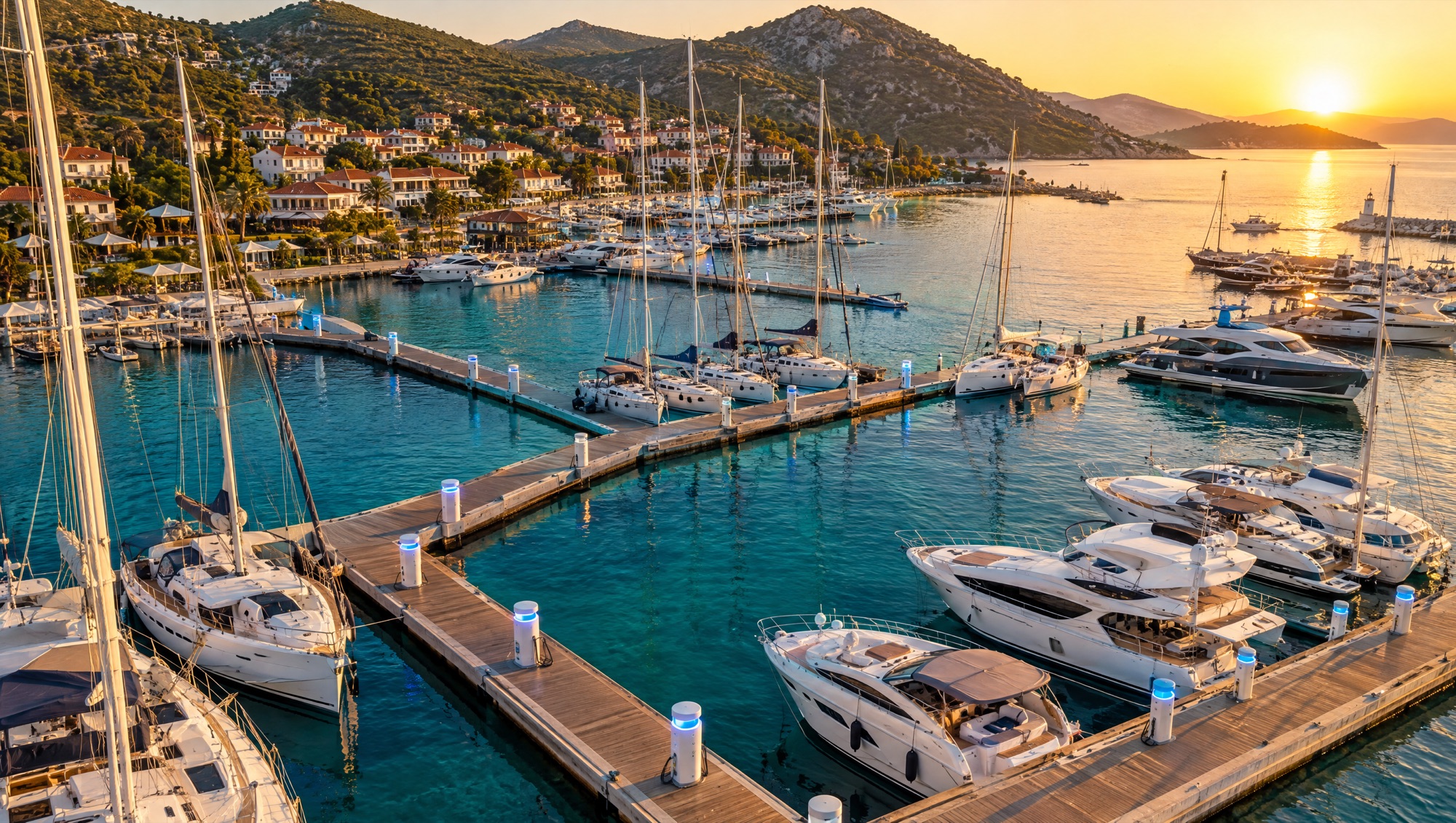 Gün batımında akıllı pedestallarla donatılmış bir marina